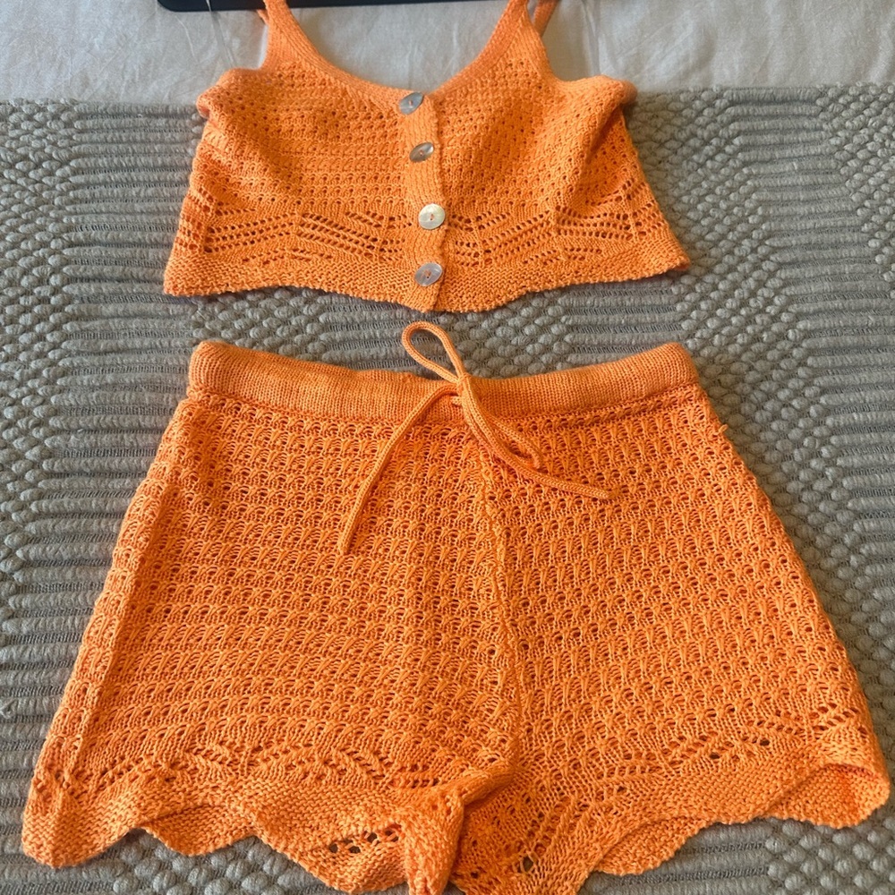 Orange Crochet Button-Up Crop Top and Shorts Set​ - Picture 2 of 5